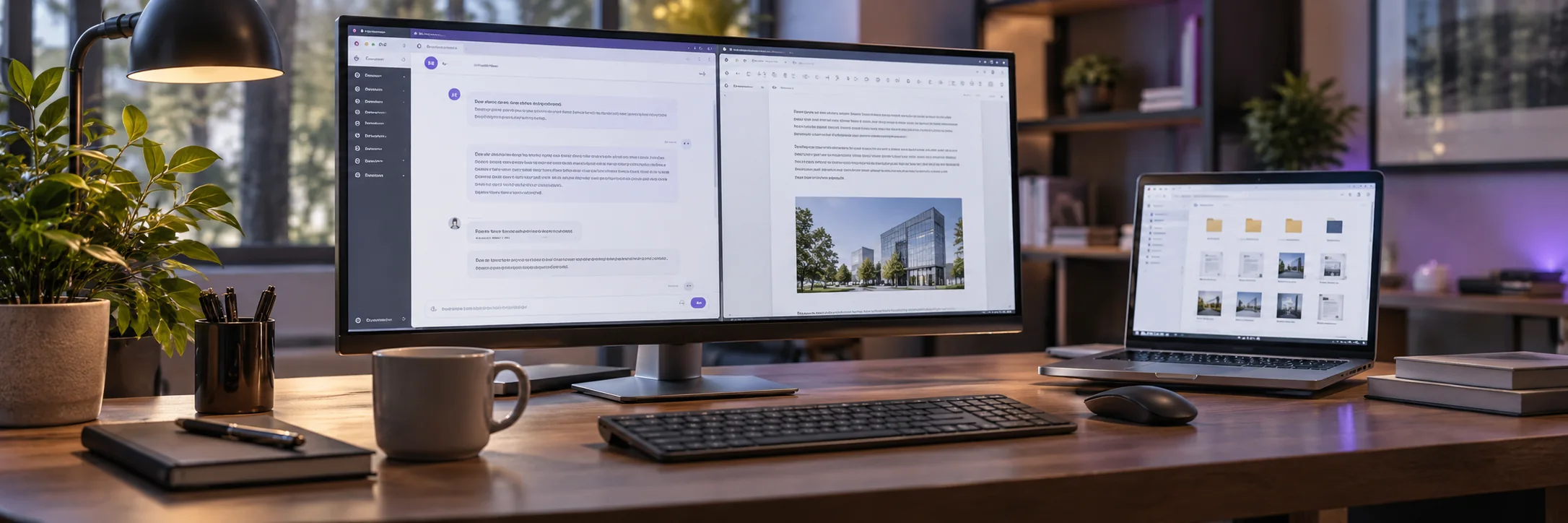 Illustration of AI assistance alongside business documents and files