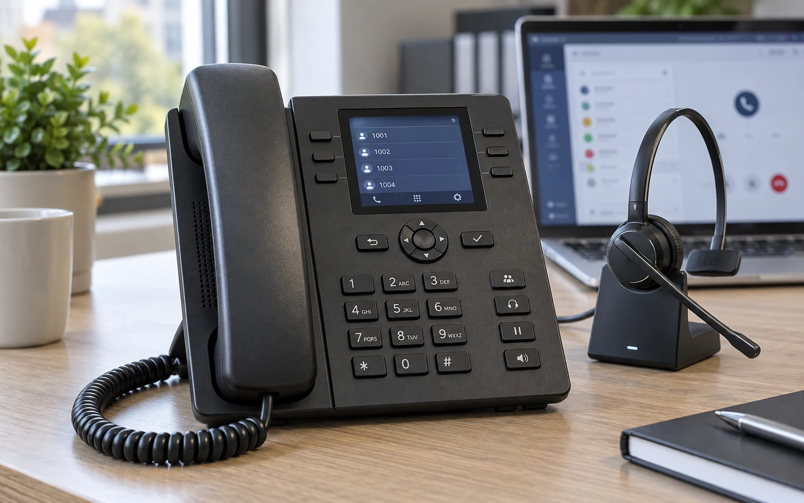 Business desk phone and office headset beside a laptop