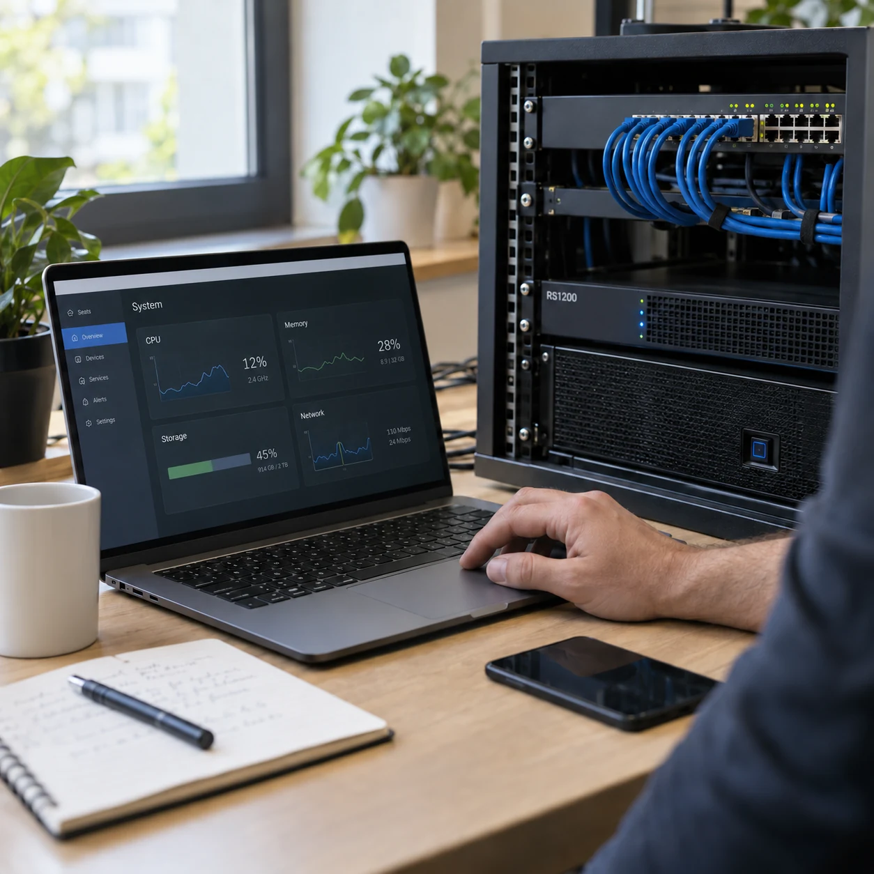 IT support scene with a technician using a laptop beside network and server equipment