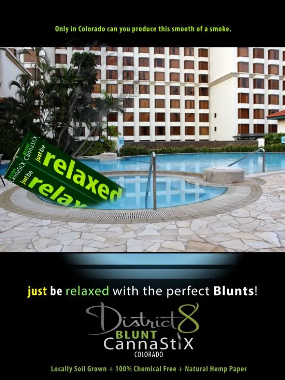 District 8 Blunt CannaStiX print ad designed by Jeremy Benisek: a 3D-rendered product box composited into a Colorado scene.