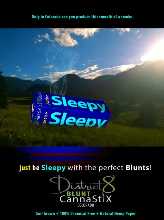 District 8 Blunt CannaStiX print ad designed by Jeremy Benisek: a 3D-rendered product box composited into a Colorado scene.