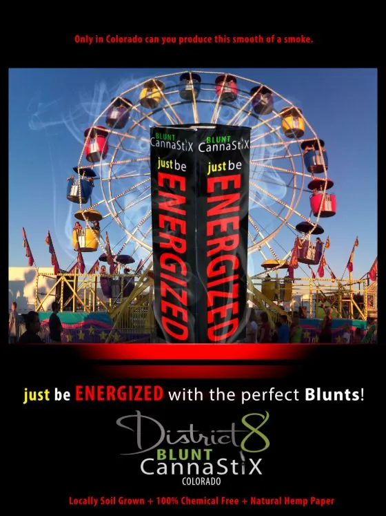 District 8 Blunt CannaStiX print ad designed by Jeremy Benisek: a 3D-rendered product box composited into a Colorado scene.