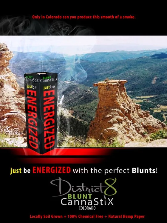 District 8 Blunt CannaStiX print ad designed by Jeremy Benisek: a 3D-rendered product box composited into a Colorado scene.