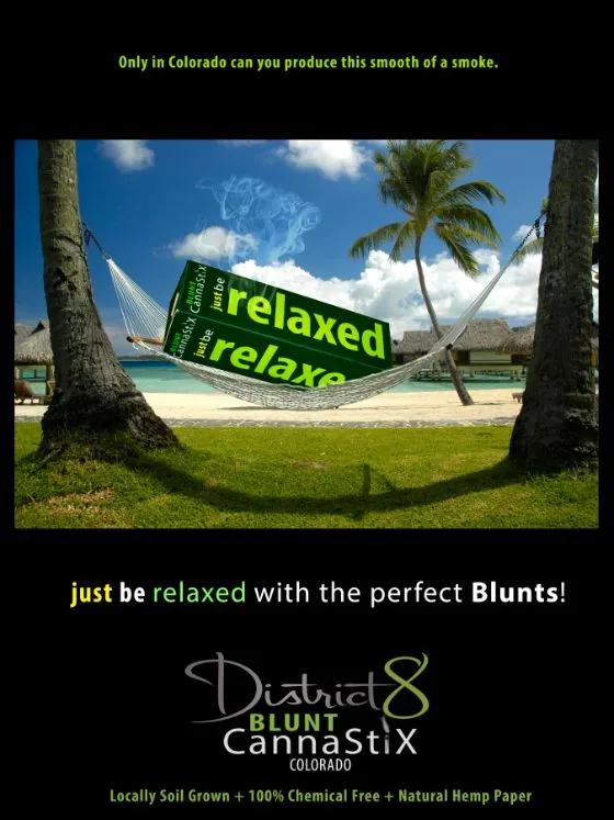 District 8 Blunt CannaStiX print ad designed by Jeremy Benisek: a 3D-rendered product box composited into a Colorado scene.