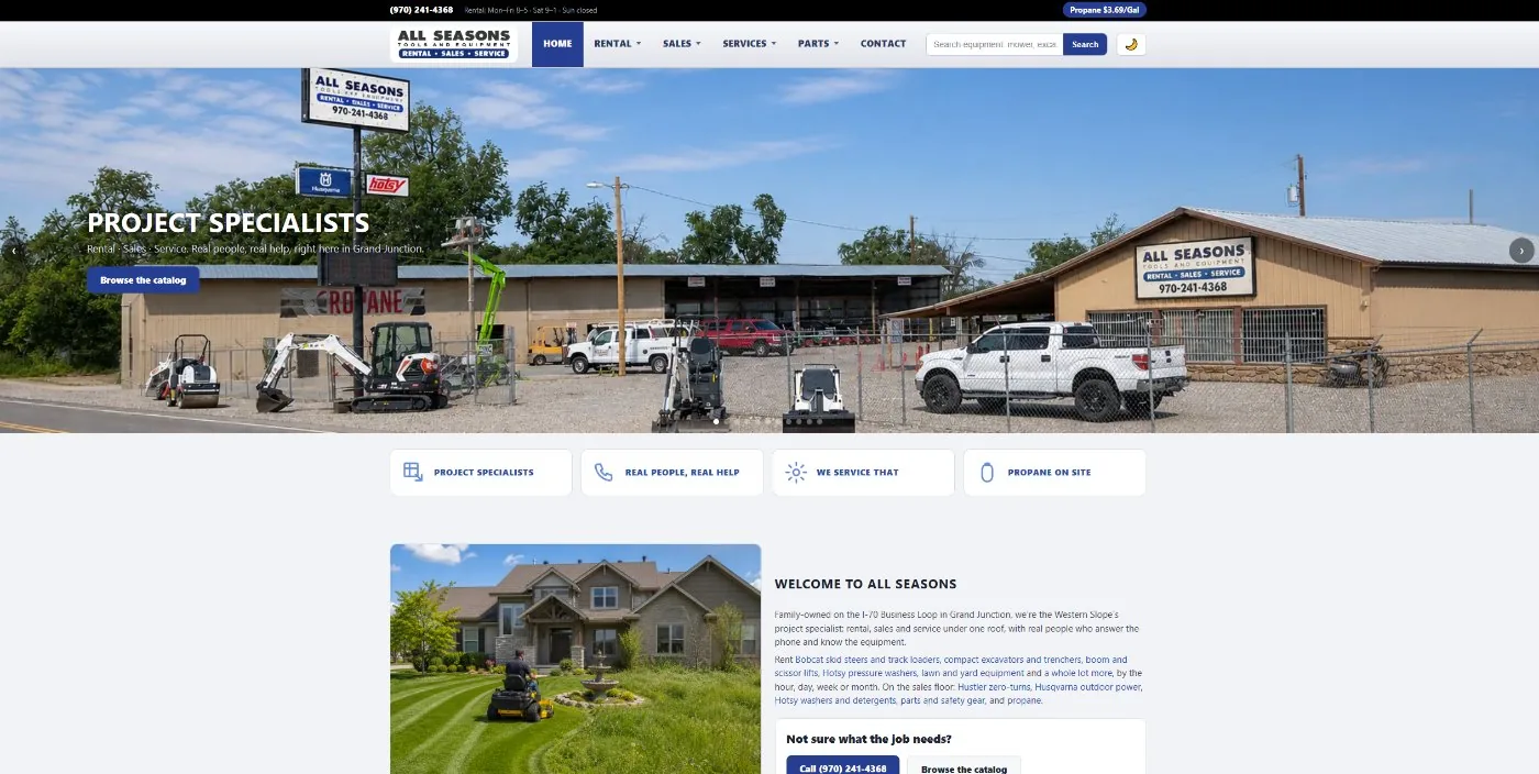 The All Seasons Tools and Equipment home page, with the storefront and equipment yard behind the headline Project Specialists